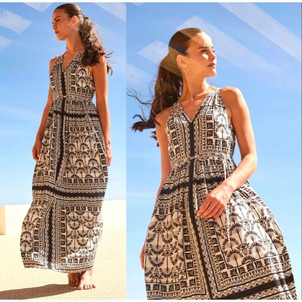 FAT FACE Black White Maya Palace Scarf Maxi Dress Boho Summer Dress size 4